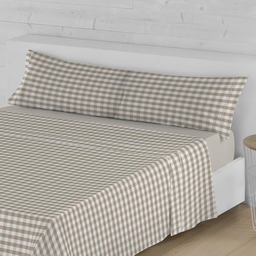 LEBENGOOD Juego de Sabanas Cama Diseños Cómodas Suaves Bajera Ajustable Encimera y 2 Funda de Almohada 50% Algodón Oeko Tex® 150x190/200 cm 144 Hilos Fácil Planchado (150 Vichy Arena)
