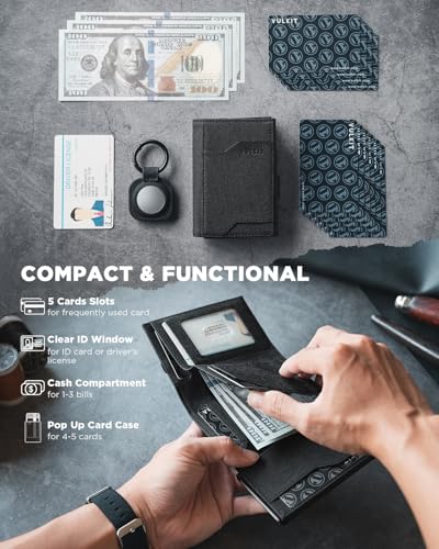 VULKIT Airtag Wallet with Keyring Mens Pop up Credit Card Wallet with Air Tag Holder Trifold ID Window RFID Blocking（Black）3