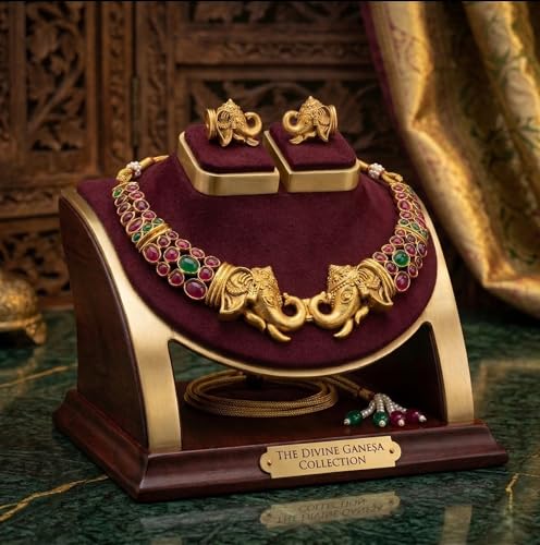Image of Gold-Plated Antique Temple Jewellery Set for Women - Traditional Necklace with Large Peacock Pendant & Matching Jhumka Earrings | Ethnic Festive & Bridal Wear Set with Ruby & Emerald Accents