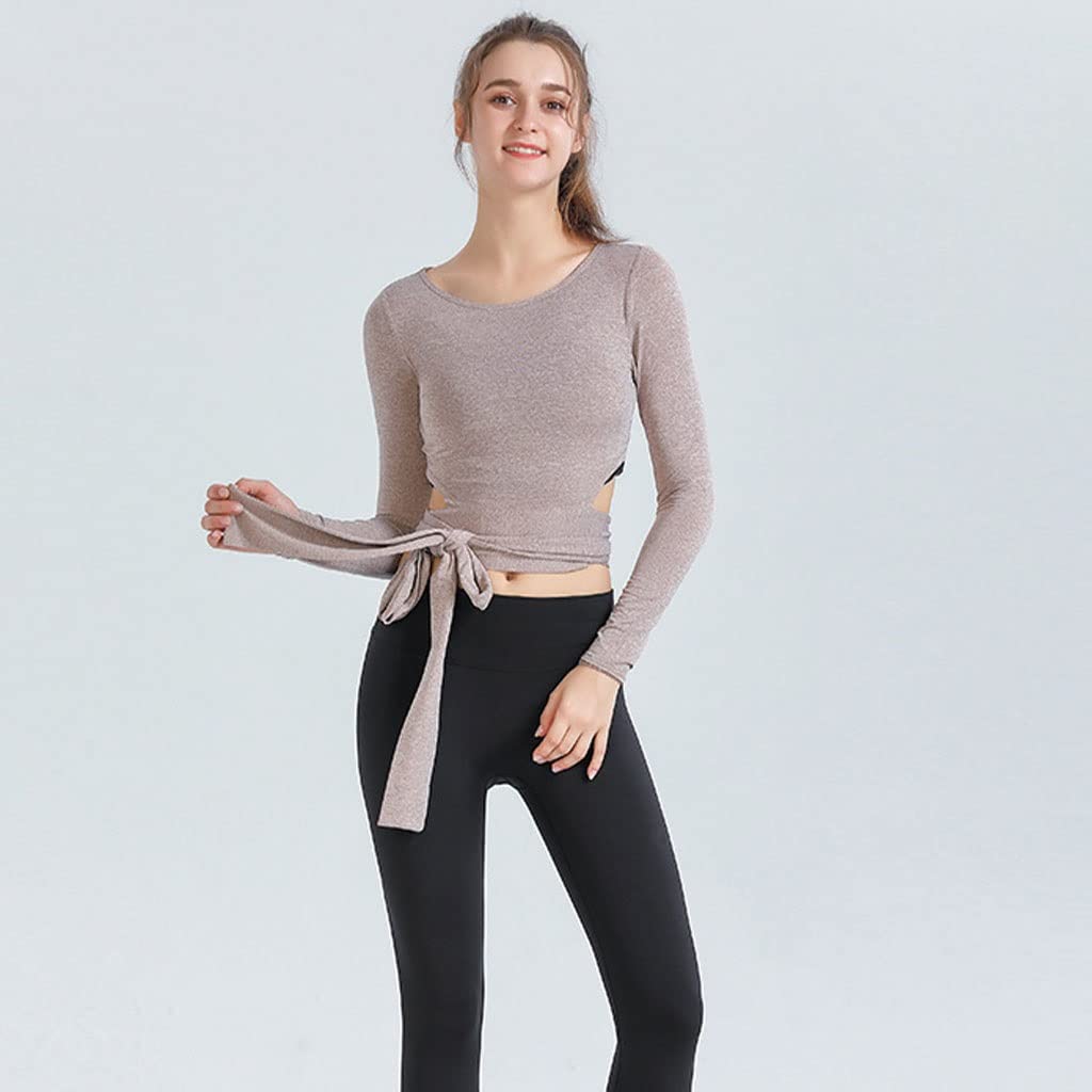 HSQMA Camiseta de yoga de entrenamiento para mujer, camiseta de manga larga sin costuras, ajuste holgado, transpirable, para yoga, entrenamiento, gimnasio, para mujer, ajuste relajado, ligero, cuello