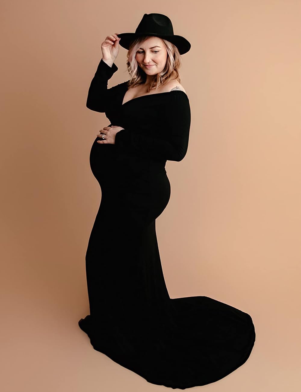 VSNOW Maternity Elegant Fitted Maternity Gown Long Sleeve Slim Fit Maxi Photography Dress for Photoshoot Pregnant Dress