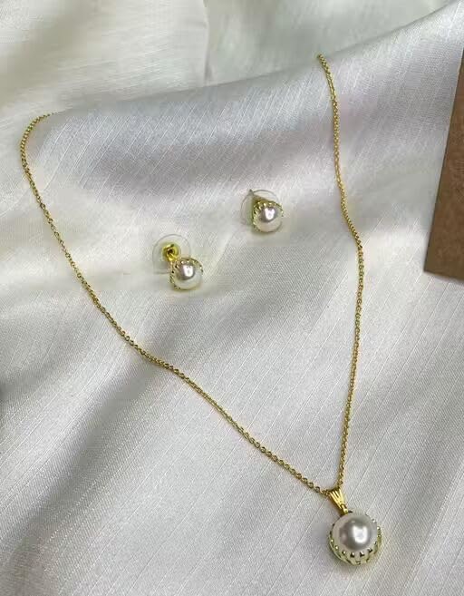 Elegant Pearl Pendant Set With Earrings, Gold Chain Necklace and Stud Earrings for Women and Girls-image-34