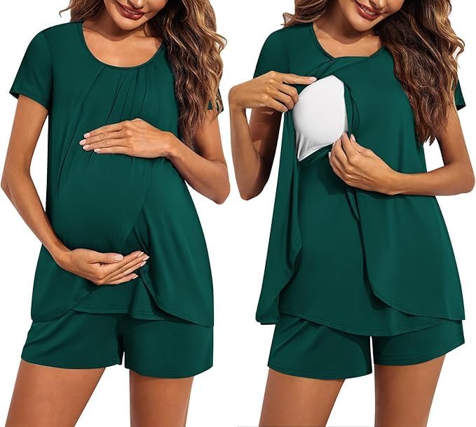 ELESOL Women's Maternity Nursing Pajamas Set Breastfeeding Sleepwear Double Layer Short Sleeve Top & Shorts Nursing Pjs