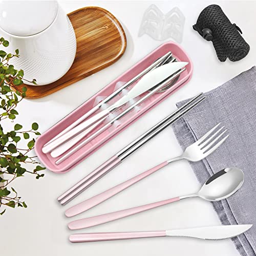 Edelstahl-Besteckset mit Etui, TWUTGAYW Tragbares Reisebesteck, Wiederverwendbares Gabel-LöFfel-Messer-EssstäBchen-Set für BüRo, Schule, Reisen, Camping, Picknick (Rosa, Silbrig)