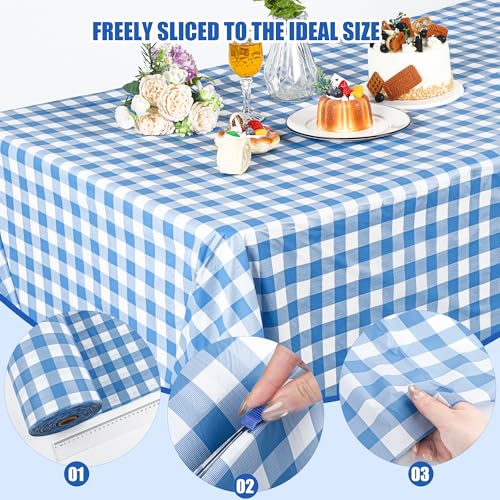 Image of Kochorie 54 Inch x 300 Ft Light Blue Checkered Plastic Table Cloth Roll Disposable Waterproof Table Cover Plastic Table Cover Roll with Easy Slide Cutter for Outdoor Picnic /Home Dining /Spring Party