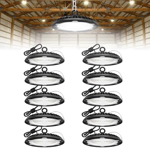 HYPERLITE UFO Led High Bay Light: 150W LED High Bay Lights with 18000LM, 5000K Daylight, Plug and Play with 6ft Cable, UFO high Bay with 120V Plug for Barn Garage Workshop Shop 10Packs by HYPERLITE - Used condition - CA$283.49