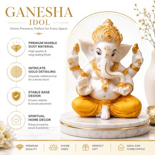 Image of ARMONIA Premium Lord Ganesha Idol for Home Decor - 17cm Handmade Ganesh Murti | Marble Dust Finish Ganpati Statue for Mandir, Office Desk | Best Spiritual Gift for Diwali, Wedding & Housewarming