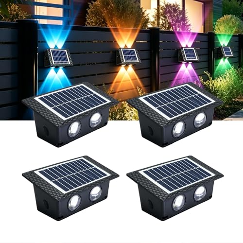 Luces Solares Exterior con 4 LED RGB, 4 Colores Fijos y Cambio de Color Gradual, Apliques de Pared Up & Down IP65, Lámpara Decorativa para Jardín y Terraza, Pack de 4