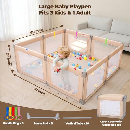 Image of Kidirect Foldable Baby Playpen, 71 inchx69 inch Extra Large Playpen for Babies and Toddlers, Portable Play Yard with 5 Handles, Indoor Outdoor Safety Baby Fence with Visible Mesh,Khaki