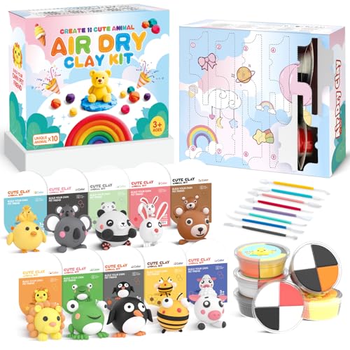 Air Dry Clay for Kids: Modeling Clay Animals DIY 10 PCS Blind Box Craft Non-Stick Safe Air Dry Clay Kit with Sculpting Tools Mystery Box Gift for Girls Boys 3 4 5 6 7 8 9 Years Old