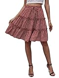 DIDK Damen Rock Boho Knielang Röcke Geblümt Sommerrock A Linie Casualrock Elastische Taille Strandrock Rockabilly Shortrock Bordeaux M