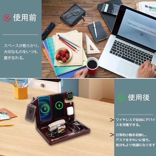 Xunhomon 3in1 ワイヤレス充電器 2台同時 急速 27W スマホスタンド 木製 に適したiPhone 17 16 15 17 13 12 Samsung Google Apple Watch Air Pod アップルウォッチ充電器 デスク卓上収納 父親誕生日 彼氏 男性 プレゼント