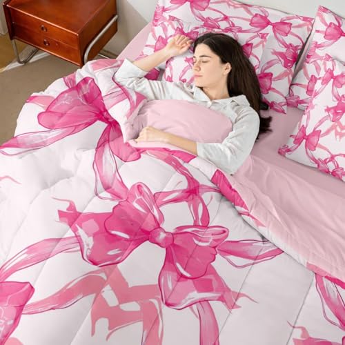 Image of Pink Bow Comforter Set 7 Piece Bed in a Bag Twin | Kawaii Ribbon Bowknot Bedding Sets Princess Bow Comforter and Sheet Set, Kawaii Bow Tie Bed Sets,Pink Decor for Bedroom