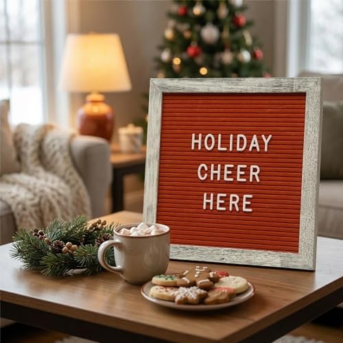 Image of Rustic Red Felt Letter Board Sign, 10x10 Inch with Display Stand | 336 letters, numbers and symbols, rustic wood frame, wall mount and stand for warm everyday home messages