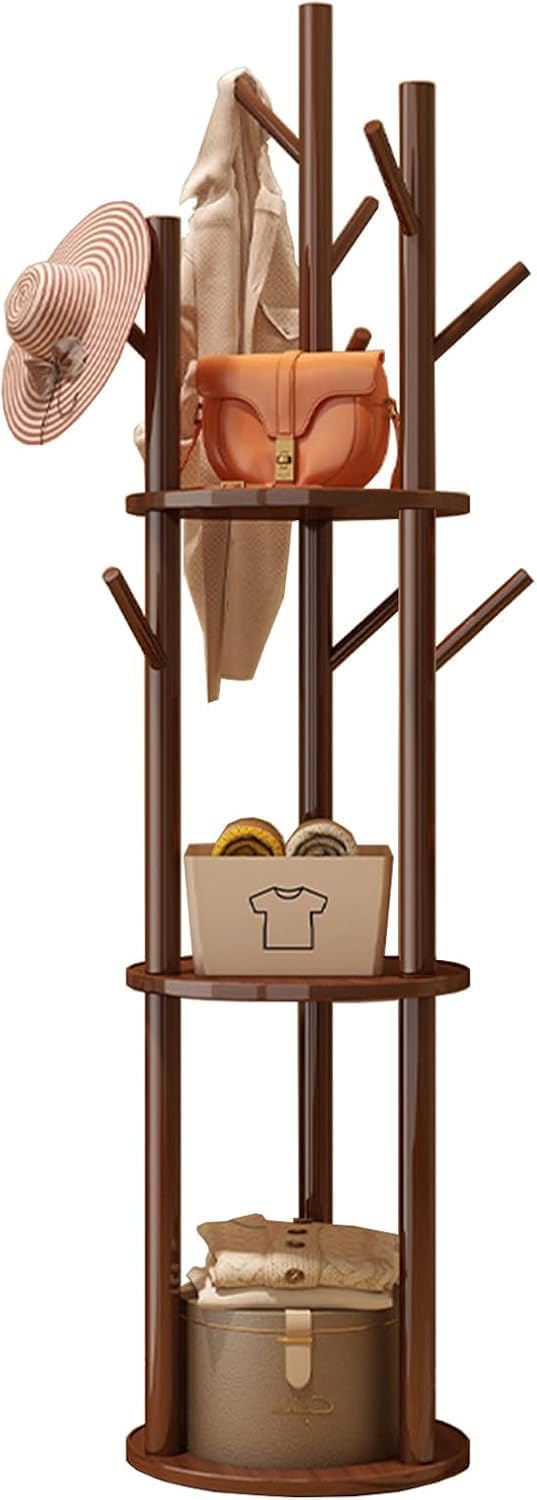 YYW 360° Wood Coat Rack Stand with Hooks and Shelves, Free Standing Rotating Organizer for Entryway, Bedroom, Small Space