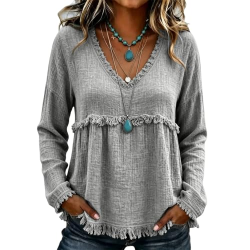Boho Tops for Women Long Sleeve Flowy Frayed Trim Vintage Tunic Shirts - image 4
