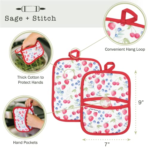 Sage+Stitch Heat Resistant Designer Pot Holders With Hand Pockets And Hanging Loops | Set Of 2 100% Cotton Dual Function Kitchen Pot Holders And Trivets | 7'' X 9'' | Fruits #TOP1