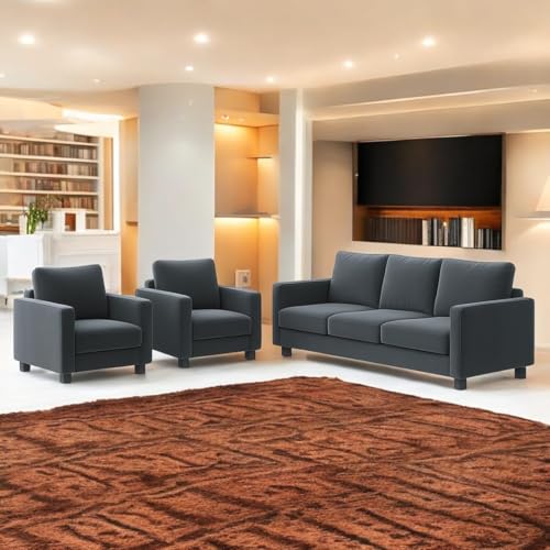 Image of FURNY Haster 5 Seater Premium Velvet Fabric 3+1+1 Sofa Set (Dark Grey) Durable & Comfortable | Ideal for Living Room