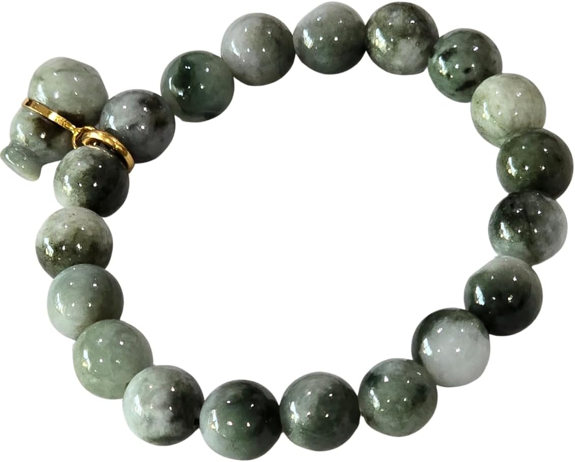 Natural Green Jade Bracelet 10mm Real Jade Beads, Feng Shui Wealth Luck Protection Bracelet, Gourd Jade Charm (Wu Lou) Stretch Bracelet Gift with Red Velvet Pouch.