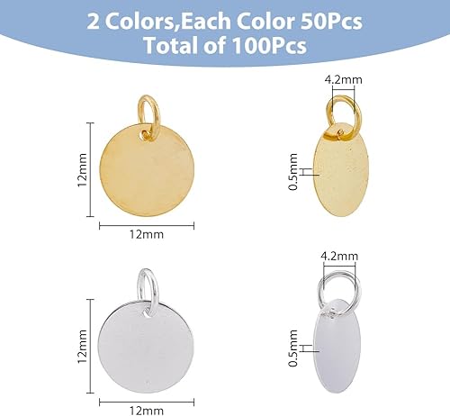 Miniatura 2 de SUPERFINDINGS Abalorios redondos planos de 8100.472 in etiqueta de estampado de latón con anillo de salto para hacer joyas