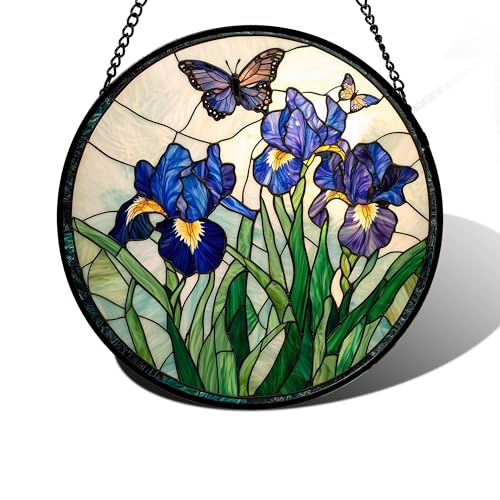 Image of DASTOLL Stained Glass Window Hanging, Blue Purple Butterfly Flower Suncatcher Diamond Colorful Glass Panel Sun Catchers Decor for Birthday for Women, Men, Wife, Aunt, and Mom 11.8 in