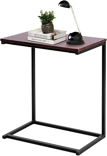 Leviteer Mesa auxiliar para sofá cama, mesa auxiliar compacta en forma de C con acabado de madera y marco de metal, mesa de bandeja de TV portátil