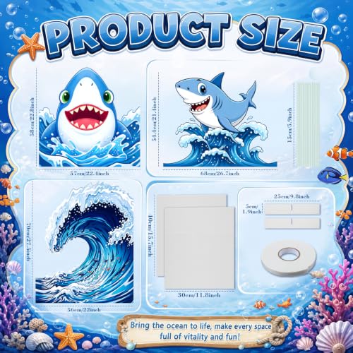 Image of 3 Pcs Shark Birthday Party Decorations Set, Huge Shark Ocean Wave Standee for Summer Ocean Baby Shower Party Under The Sea Photo Backdrop