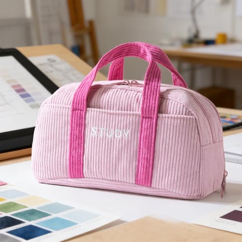 Image of EASTHILL Corduroy Hand-held Pencil Case Large Cute Pencil Pouch Stationery Pen Bag for Teen Girls-Pink