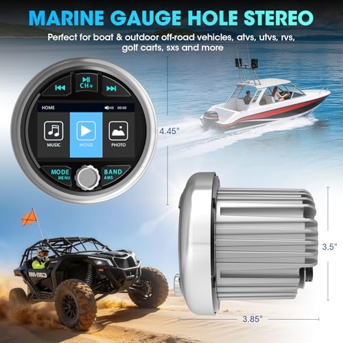 Image of Bluetooth Marine Gauge Stereo System: Waterproof Boat Radio Receiver | 2.8 Inch LCD Display Digital Multimedia MP5 Player AM FM USB AUX Subwoofer 200 Watts Output