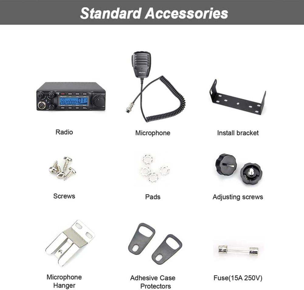 Contents of the Anysecu AnyTone AT-6666pro package, including radio, microphone, power cable, mounting bracket, screws, pads, adjusting screws, microphone hanger, adhesive case protectors, and a fuse.