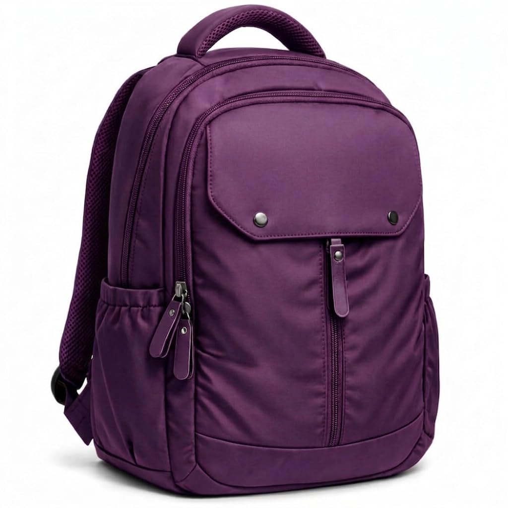 Purple Nylon Backpack with Multiple Compartments and Snap Pockets-image-29