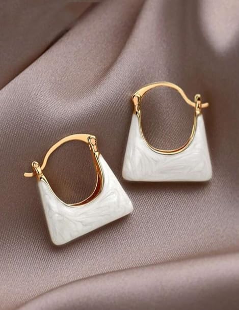 Pair of white and gold square hoop earrings on a satin-like fabric, showing the back and front views.