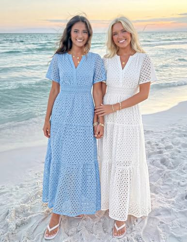 Image of ZESICA Women's 2026 Summer Short Sleeve Maxi Dress Casual V Neck Hollow Out Eyelet Ruffle Swing A Line Long Dresses
