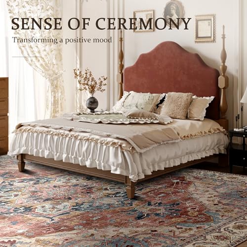 Deerly Large Washable Living Room Rugs 9x12 Boho Vintage Area Rug Indoor Bedroom Carpet with Non Slip Rubber Backing for Under Dining Table Office Farmhouse, Brickred/Multi