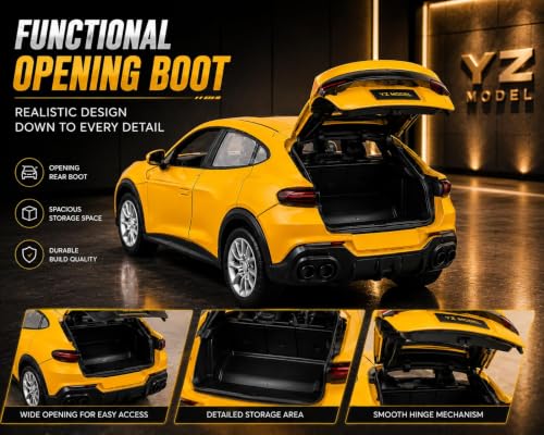 Image of TEC TAVAKKAL 1:36 Scale Diecast Metal Toy Car with Openable Doors, Pull-Back Action, LED Lights & Music - Premium Mini Sports Car Model for Kids & Collectors (Porsche Yellow)