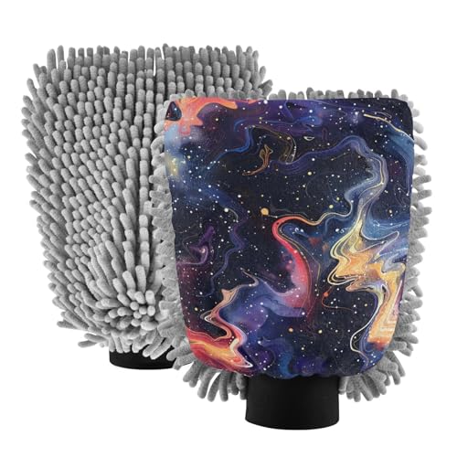 IOACIY Absorbent Microfiber Car Wash Drying Mitts, 2 Pack, Scratch-Free & Lint-Free, Rich Foam, Highly Absorbent, Double Sided, Wash Mitt Perfect for Car Washing, L, Starry Sky Universe (2)