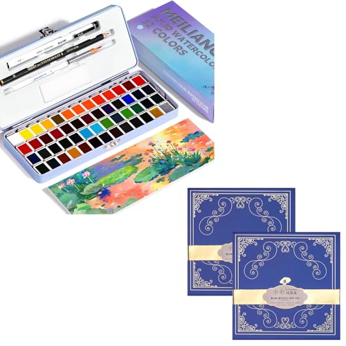 MeiLiang 52 Colors Travel Watercolor Paint Set (Blue Case) and Paul Rubens 5.5 x 5.5 Inches Organ Style Watercolor Paper, 140lb/300GSM 50% Cotton Cold Pressed Pack of 2 (14 Sheets)