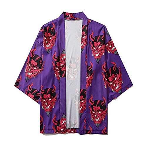 Mens Devil Shirts Harajuku Kimono Hawaiian Button Down Tops Demon Short Sleeve Cardigan Japanese Cosplay T Shirts Purple