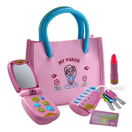 Dress Up America Playkidz mon premier sac à main jeu de simulation Princesse Set pour les filles avec sac à main téléphone Flip Light Up à distance avec des boutons jouer Lipstick & Kids Credit Card
