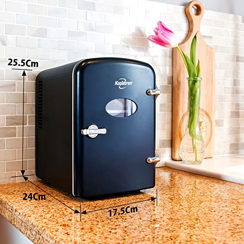 Image of Koolatron Mini Fridge- Black Refrigerator 6 Can Portable Cooler for Bedroom Office Dorm Car Compact Fridge for Drinks Makeup Skincare Dual Power 12V 110V