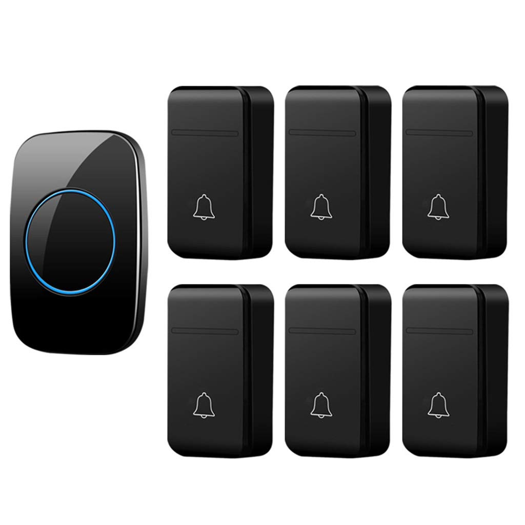 Timbre inalámbrico autoalimentado IP44 impermeable 38 tonos de llamada, 3 niveles de volumen, 6 botones pulsadores y 1 receptor enchufable, color negro, fácil de instalar y señal fiable
