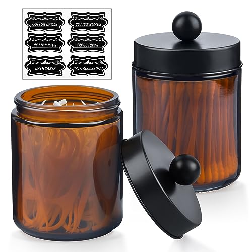 2 Pack Glass Apothecary Jars with Lids and Labels - Bathroom Counter Storage Jars, Qtip Holders Vanity Countertop Canisters (Amber)