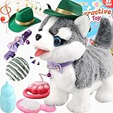 Walking Husky Barking Dog Toy for Child Kid Licking Talking Dog with Leash, Interactive Puppy that Barks Tail Wagging Plush Robot Dog Singing Electric Pet Pretend Dog Dress Up Christmas Boy Girl Gift