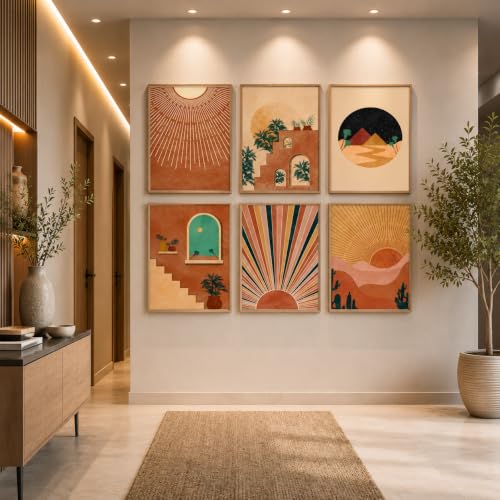 Image of Artsense Boho Desert Wall Art Set of 6 | Abstract Sun, Arch, Pyramid & Desert Landscape Wall Decor | Modern Minimalist Aesthetic Gallery Paintings for Living Room Bedroom Office