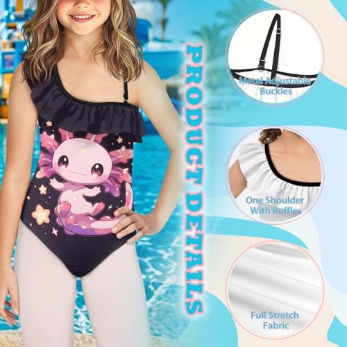 Binienty Girls One Piece Swimsuits Ruffled Bathing Suit with Adjustable Straps Fashion One-Shoulder Halter Neckline Swimwear4