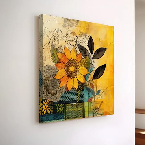 Image of PAINTINGMANTRA Abstract Floral Artwork Stretched Canvas Painting for Living Room | Colorful Flower Canvas Wall Decor Art For Livingroom, Bedroom, Office, Hallways - 22x22 Inch