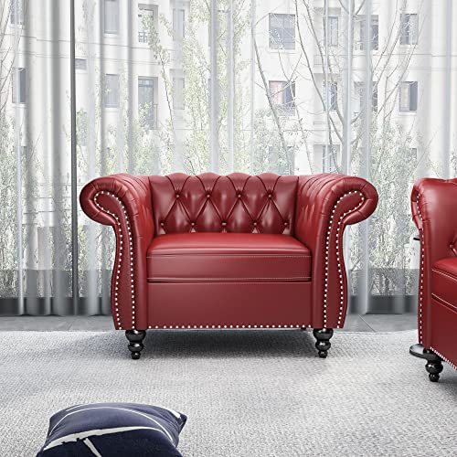 Image of ORRD Chesterfield Chair, Modern Leather Tufted Accent Sofa Couch Chair with Rolled Arms and Nailhead for Living Room, Bedroom, Office, Apartment (Burgundy)