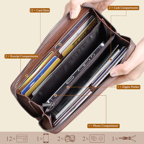 VISOUL Leather Long Zipper Pouch Wallet for Men and Women with RFID Blocking, Large Clutch Cash Long Wallet with Zipper (Brown)2