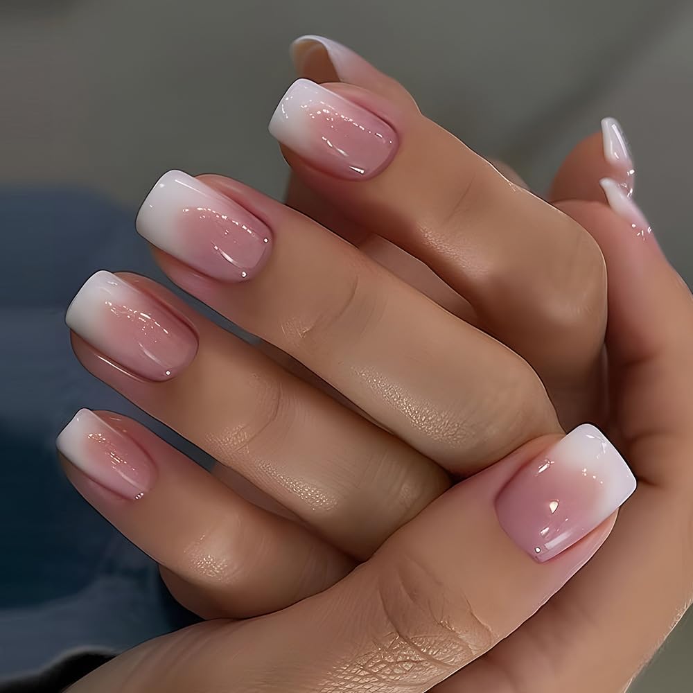 SXVME Ombre French False Nails Short Medium Square, French Press on Nails Short Medium, Gradient Pink Fake Nails Short