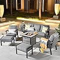 ovios Patio Furniture Set 5-Pieces Outdoor Wicker Rattan Sofa with Fire Pit Table, High Back All Weather Conversation Set with Comfy Cushions for Backyard, Dark Grey